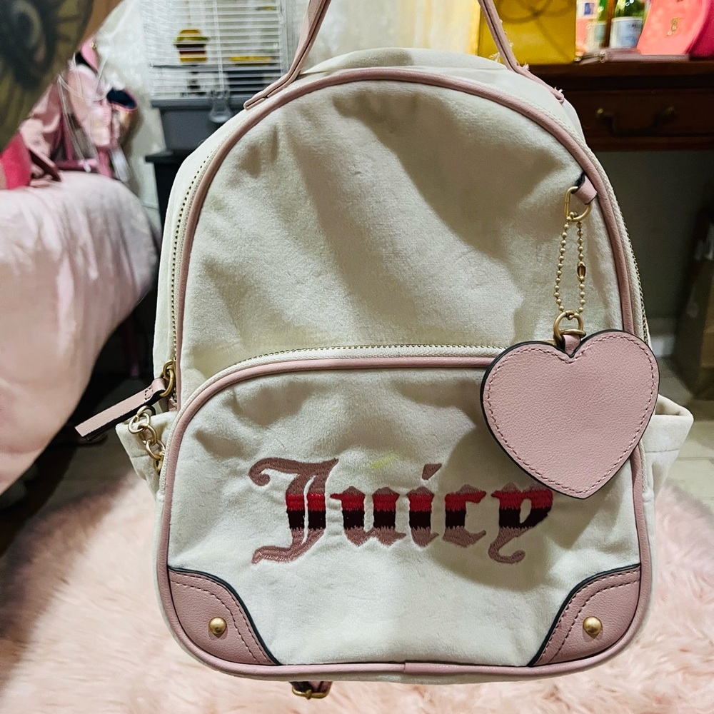 Juicy Couture Cream and Pink Heart Charm Backpack